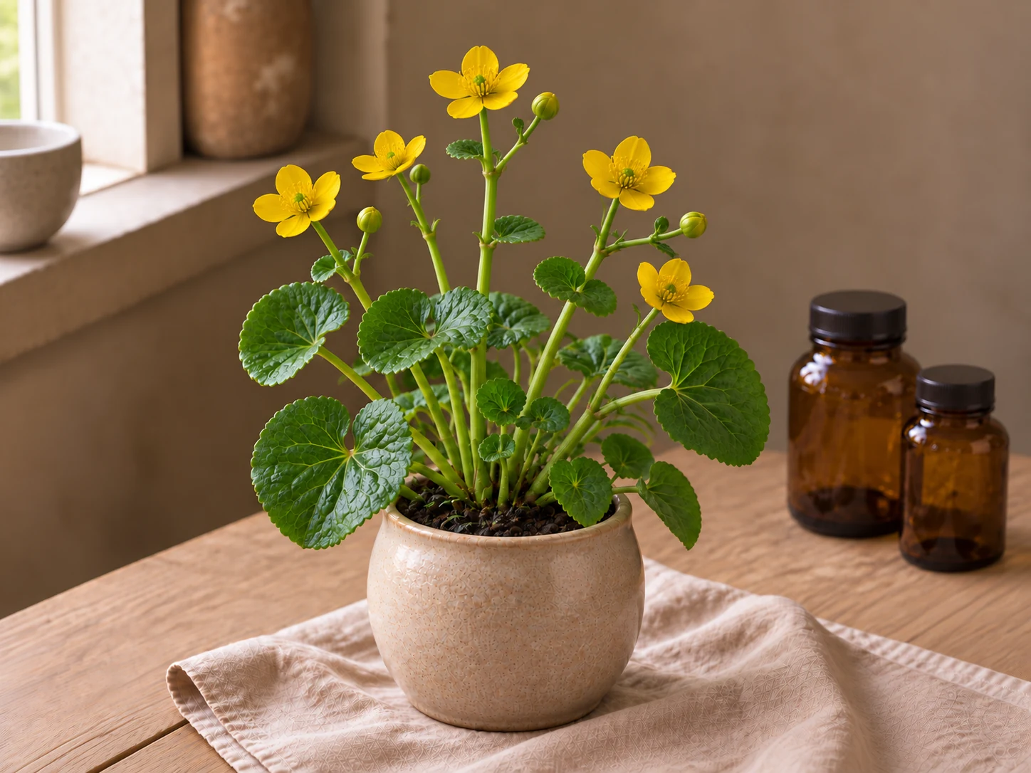 Kabbeleka med rundat hjärtformade gröna blad och öppna gula blommor i en beige keramikkruka.