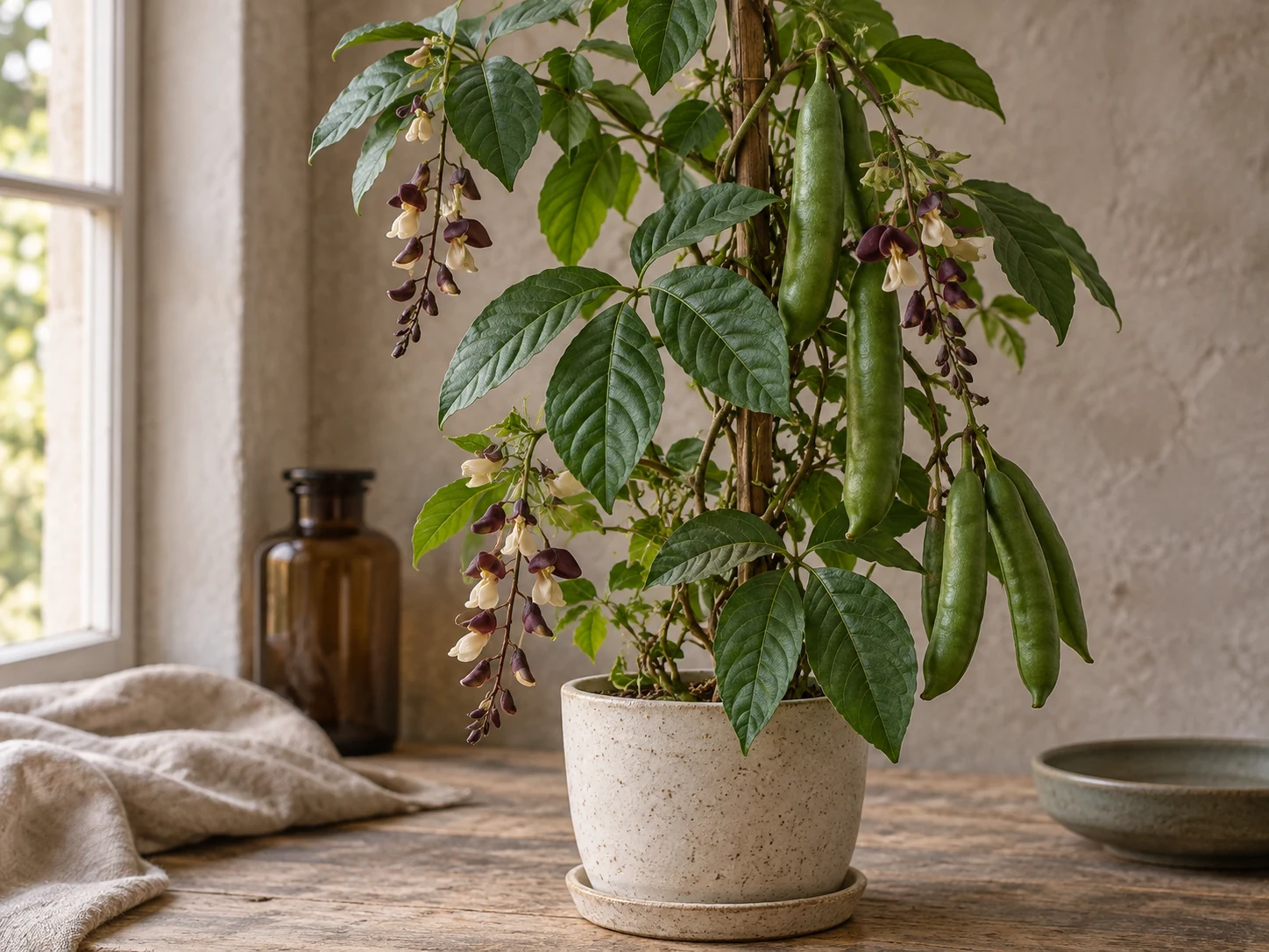 AI-genererad illustration av Kalabarböna (Physostigma venenosum Balf.) i Växttraditions bildmiljö.