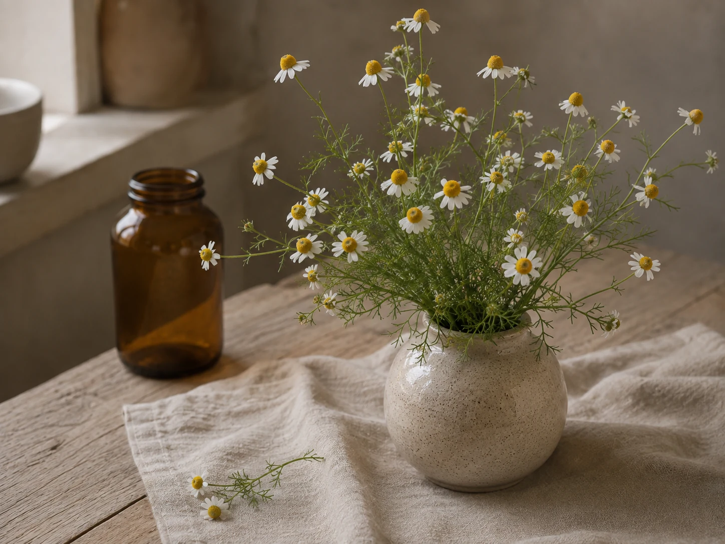 Kamomill med små vita blomkorgar, upphöjda gula mittpartier och finflikiga blad i en keramikvas på trä och linne.