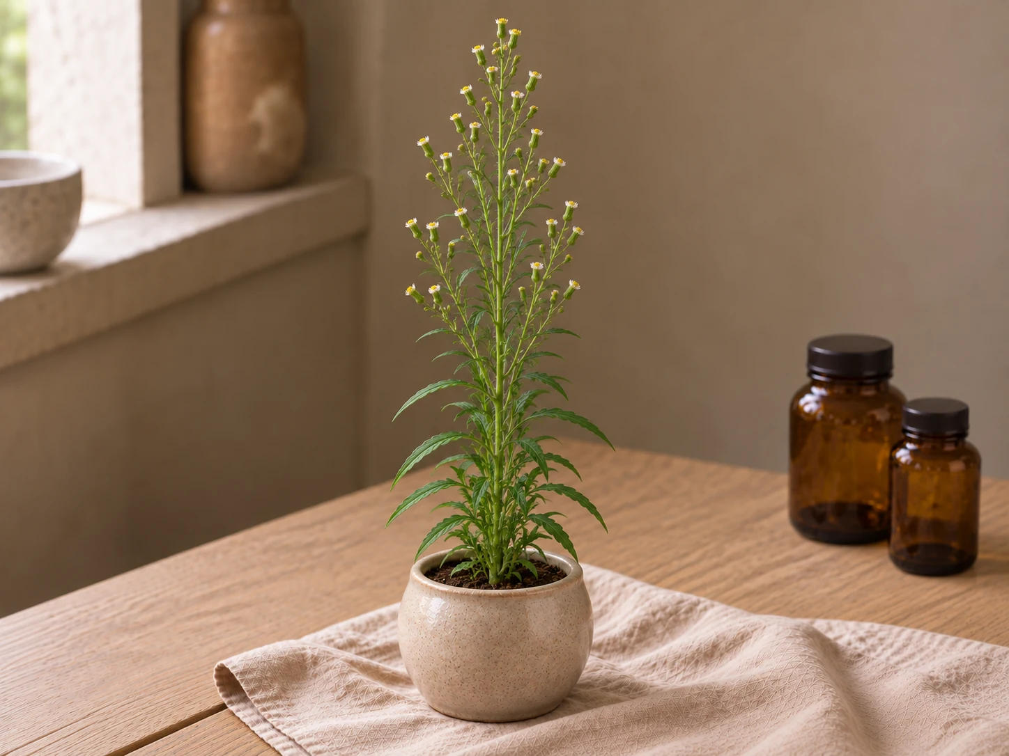 Kanadabinka med smala gröna blad och små ljusa blomkorgar i en beige keramikkruka.
