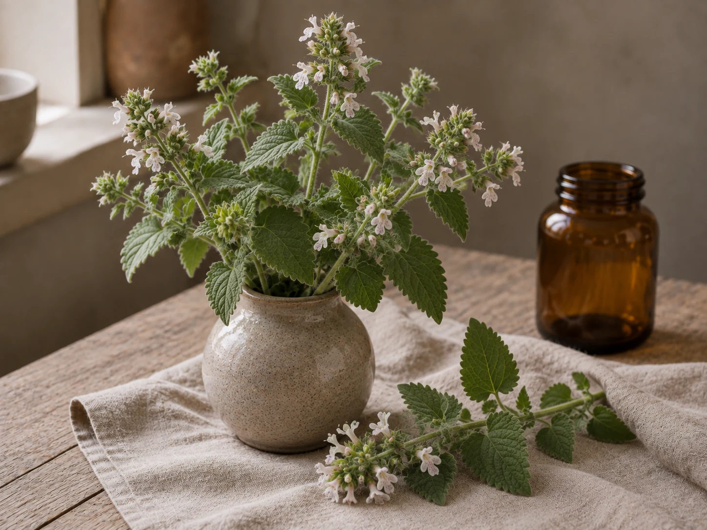 Kattmynta med gråludna, grovt tandade blad och små ljust rosa blommor i en keramikvas på ett träbord med linne, en lös blommande kvist och en tom bärnstensfärgad burk.