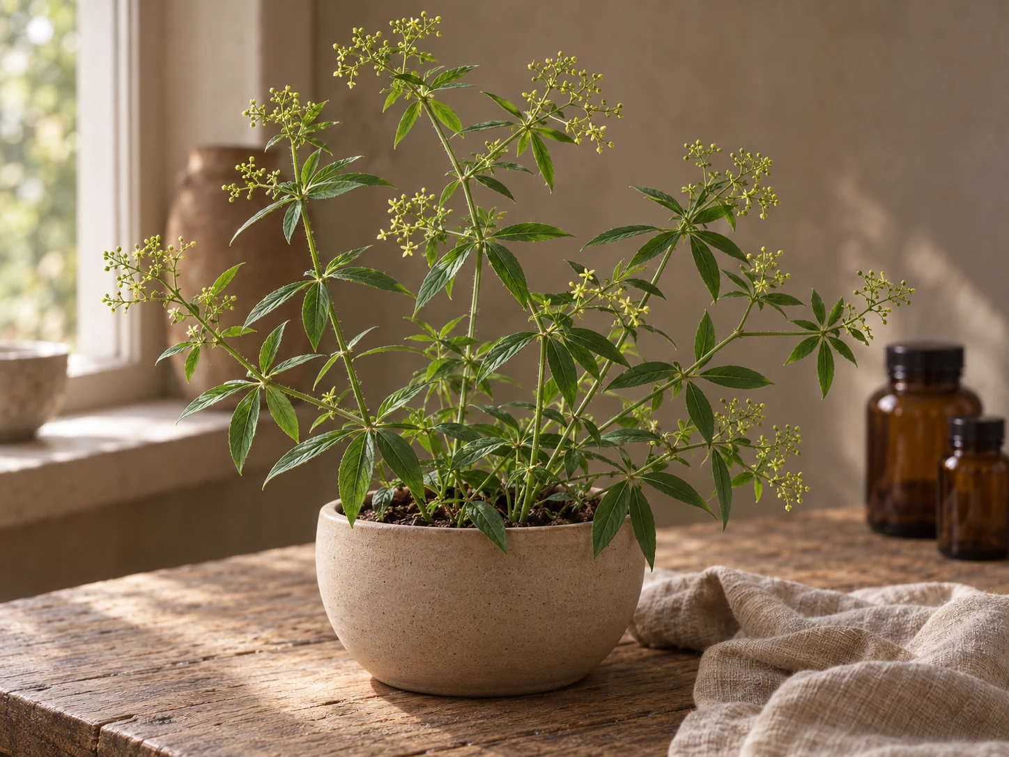 Krapp med gröna kantiga stjälkar, kransar av smala spetsiga blad och mycket små gulgröna stjärnblommor i lös förgrening, i beige keramik.