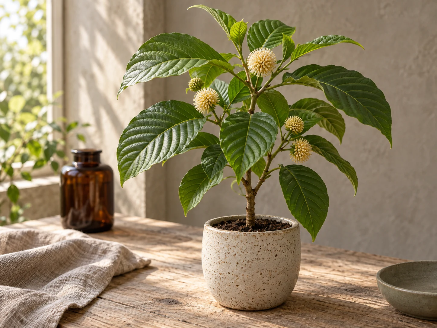 AI-genererad illustration av Kratom (Mitragyna speciosa Korth.) i Växttraditions bildmiljö.