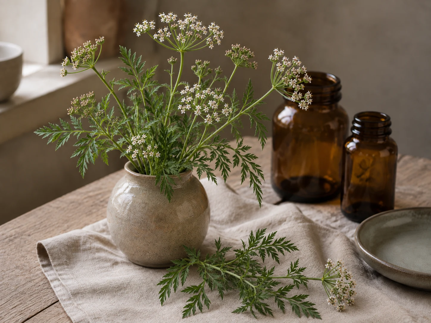 Kumminens små vita och svagt rosa blomflockar och finfördelade gröna blad i en keramikvas på ett träbord med linne, tomma bärnstensfärgade glasburkar och ett tomt keramikfat.