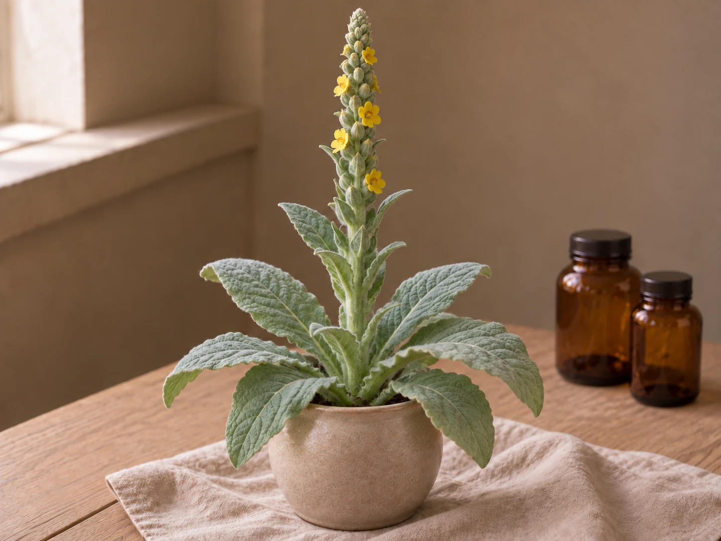Kungsljus med ulliga grågröna blad och en hög blomspira med små gula blommor i en beige keramikkruka.