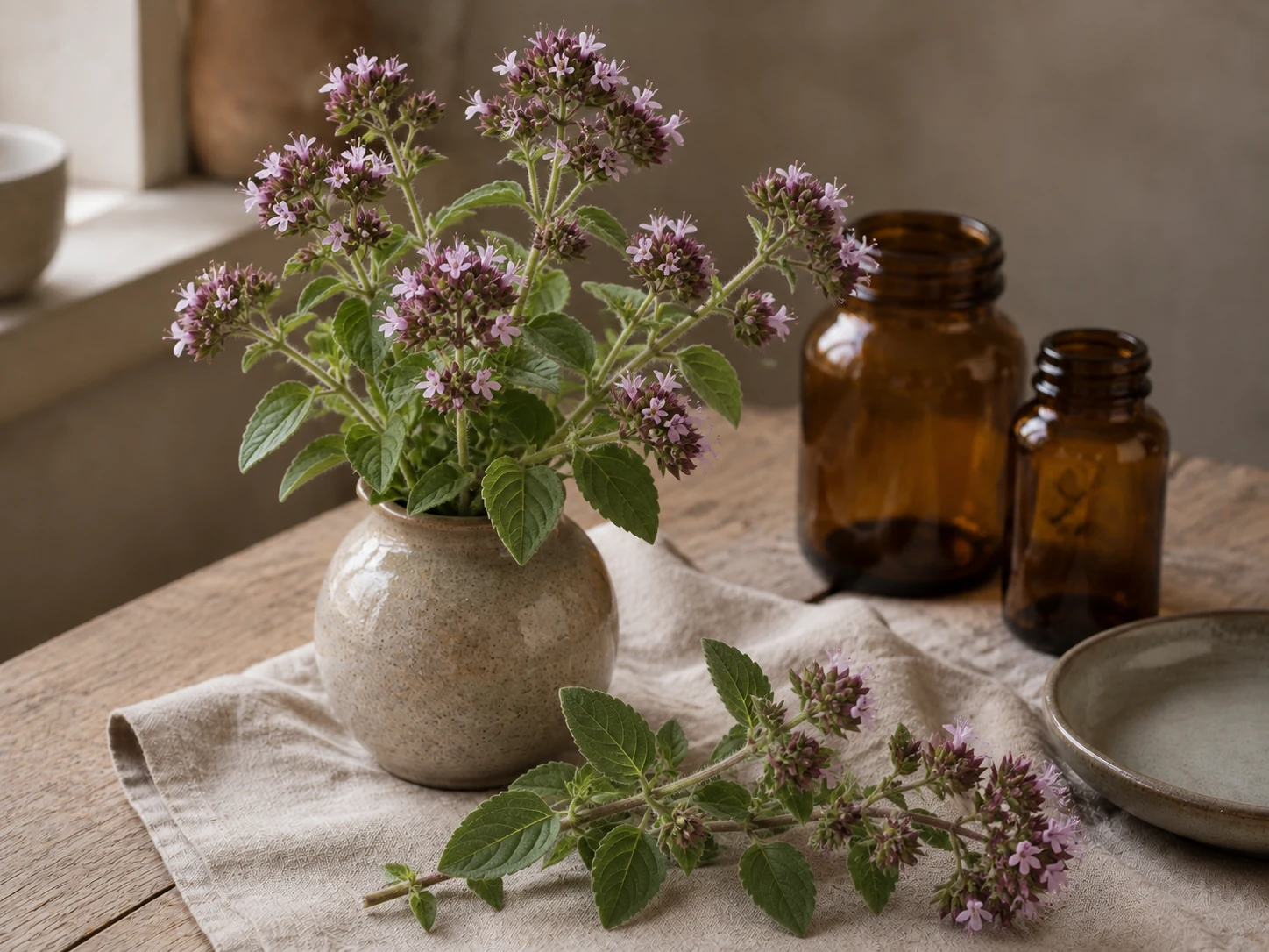 Blommande kungsmynta med motsatta gröna blad och rosa blommor bland purpurfärgade högblad i en keramikvas, med en lös kvist på linne, tomma bärnstensfärgade burkar och ett tomt keramikfat.