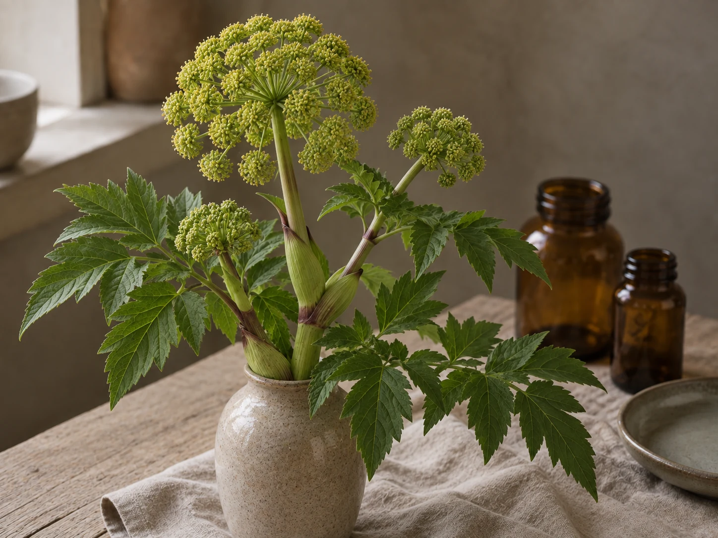 Kvanne med stora grönvita rundade blomflockar, kraftiga stjälkar, uppblåsta bladslidor och sammansatta blad i ljus keramik, på trä och linne i varmt fönsterljus.