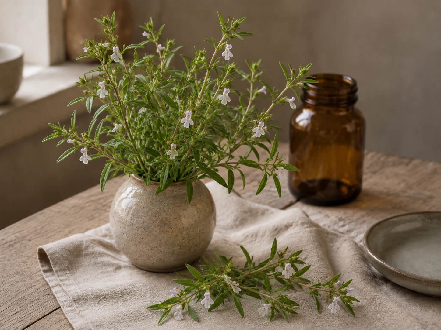 Sommarkyndel med smala gröna blad och små ljusa blommor i bladvecken, i en keramikvas på träbord med linne, en lös kvist, en tom bärnstensfärgad burk och ett tomt keramikfat.