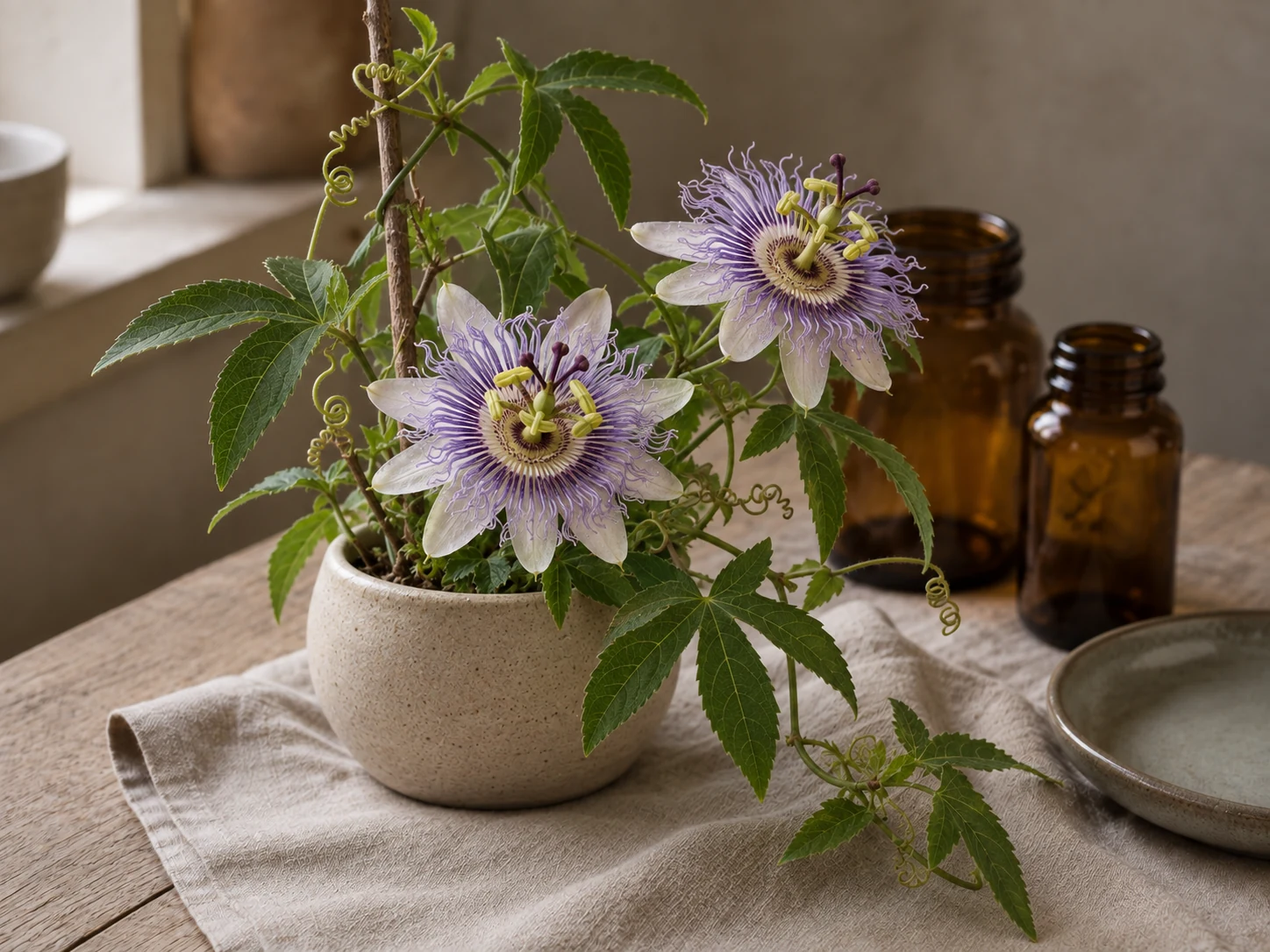 Läkepassionsblomma med ljusvioletta blommor, vågiga trådkransar, treflikiga blad och klängen i en ljus keramikkruka, på trä och linne i varmt fönsterljus.
