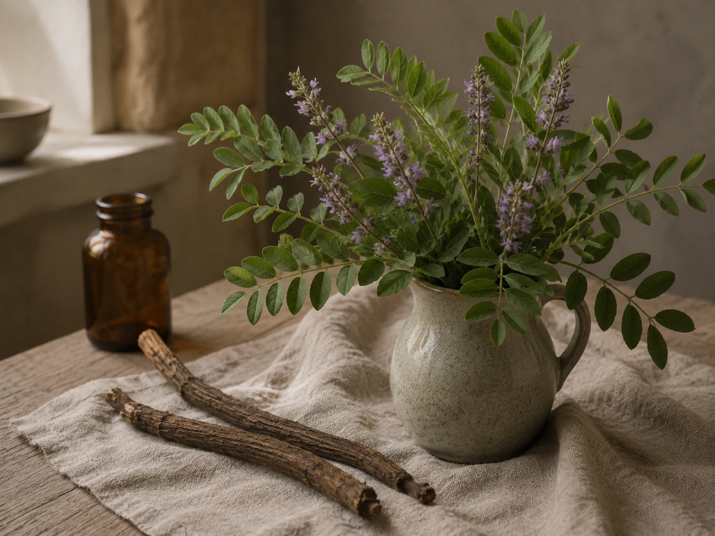 Lakritsört med sammansatta gröna blad och små violetta blommor i ett keramikkrus, med bruna rotstycken på linne och trä.
