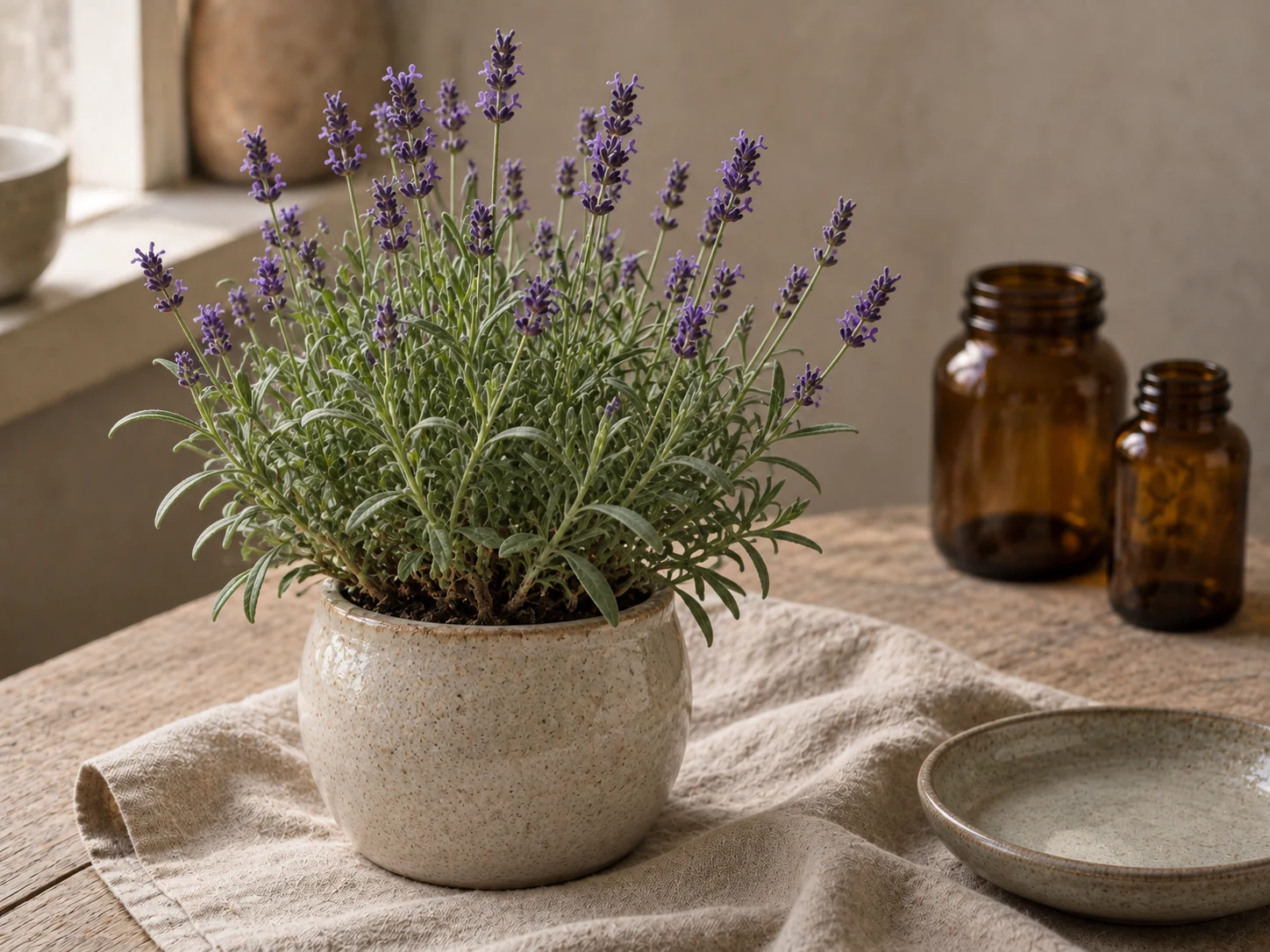 Lavendel med smala grågröna blad och violetta blomax i en keramikkruka på linne och trä, i varmt fönsterljus.