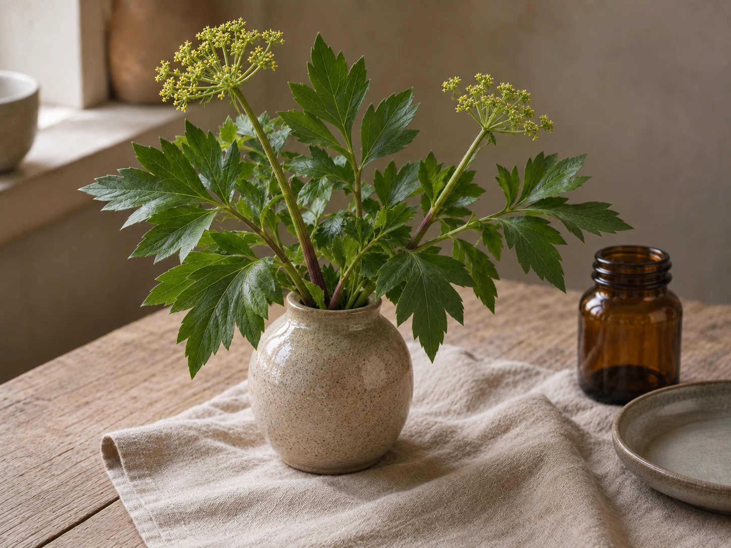Libbsticka med stora gröna tandade blad och små gulgröna blomflockar i en keramikvas, på ett träbord med linne, tom bärnstensfärgad glasburk och tomt keramikfat.