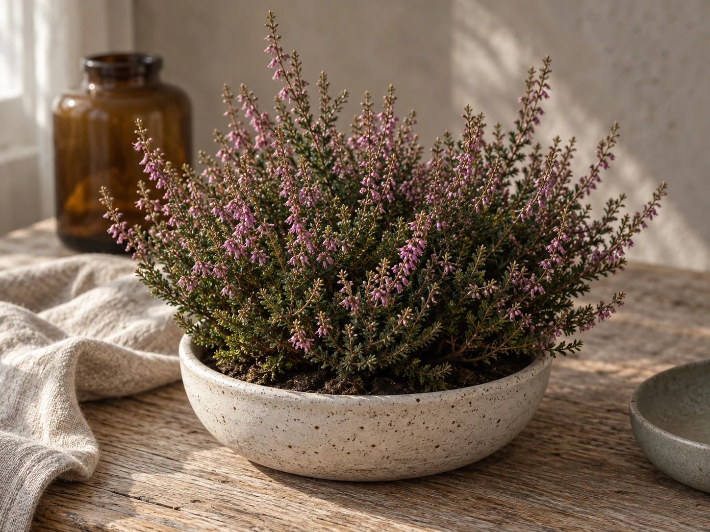 AI-genererad illustration av Ljung (Calluna vulgaris (L.) Hull) i Växttraditions bildmiljö.