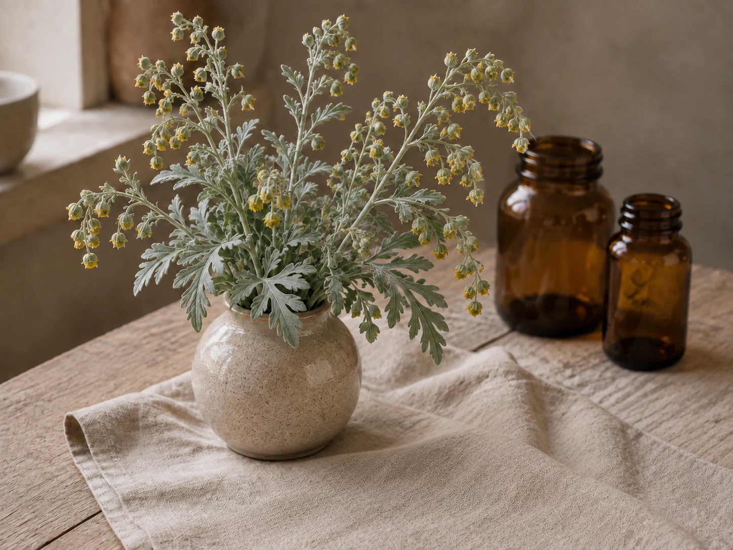 Malört med silvergrå, djupt flikiga blad och små nickande gula blomkorgar i en ljus keramikvas på linne och trä i varmt fönsterljus.