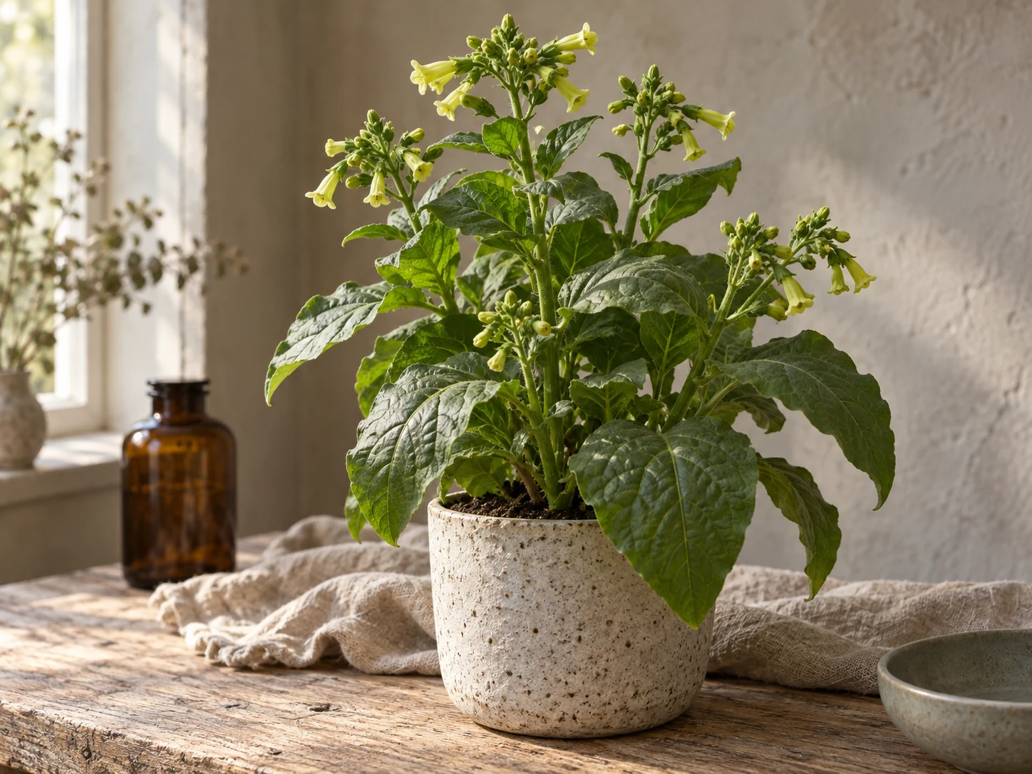 AI-genererad illustration av Mapacho/bondtobak (Nicotiana rustica L.) i Växttraditions bildmiljö.