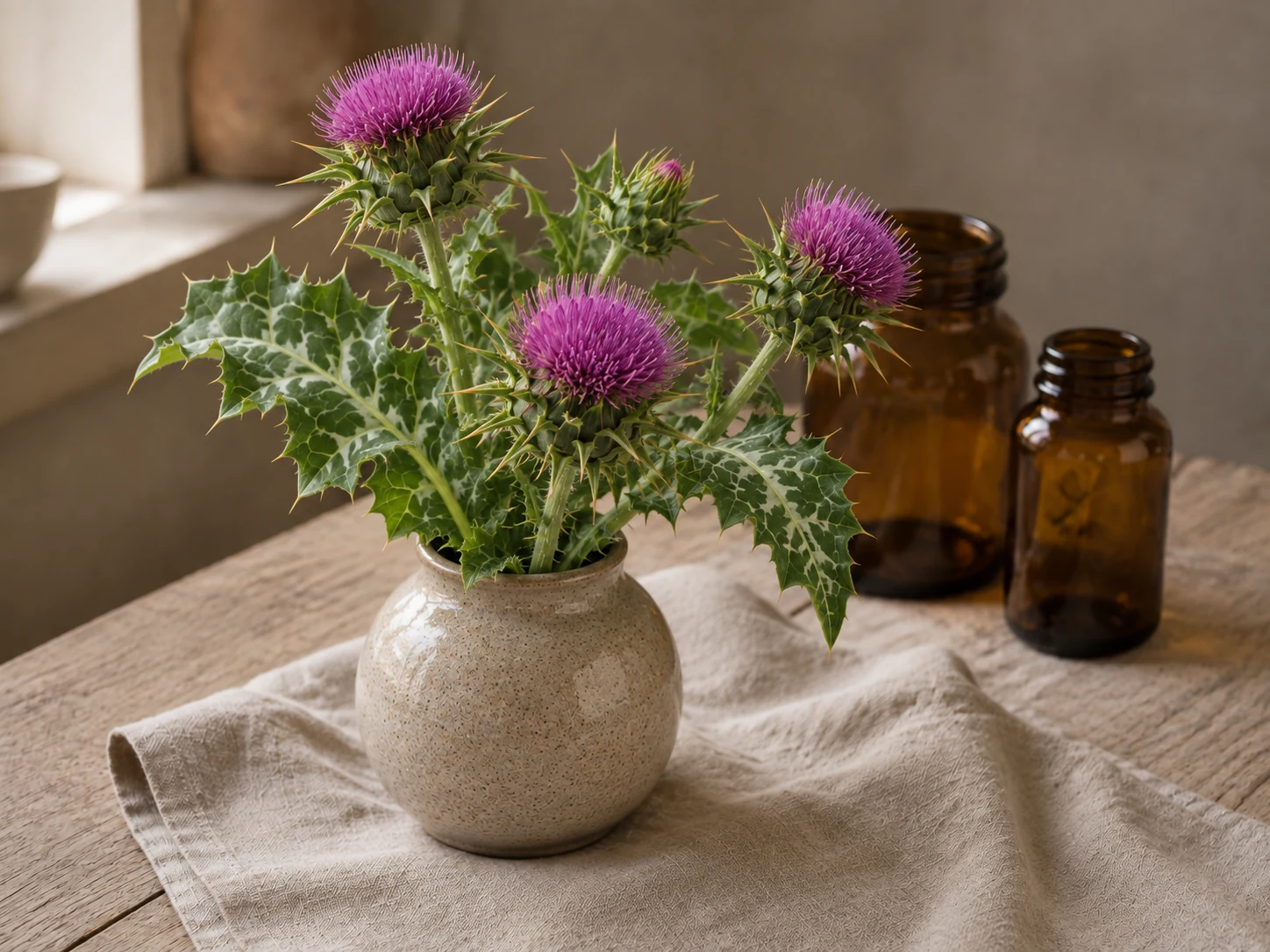 Mariatistel med vitmarmorerade taggiga blad och purpurvioletta blomkorgar i en ljus keramikvas på linne och trä i varmt fönsterljus.