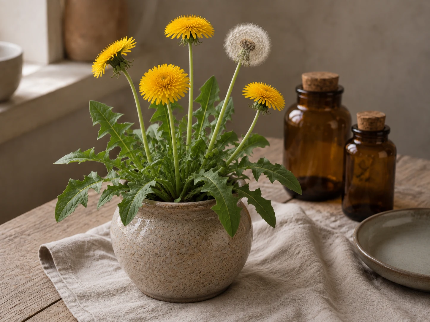 Maskrosrosett med tandade blad, gula blomkorgar och en vit fröställning i keramikkruka på trä och linne i varmt fönsterljus.