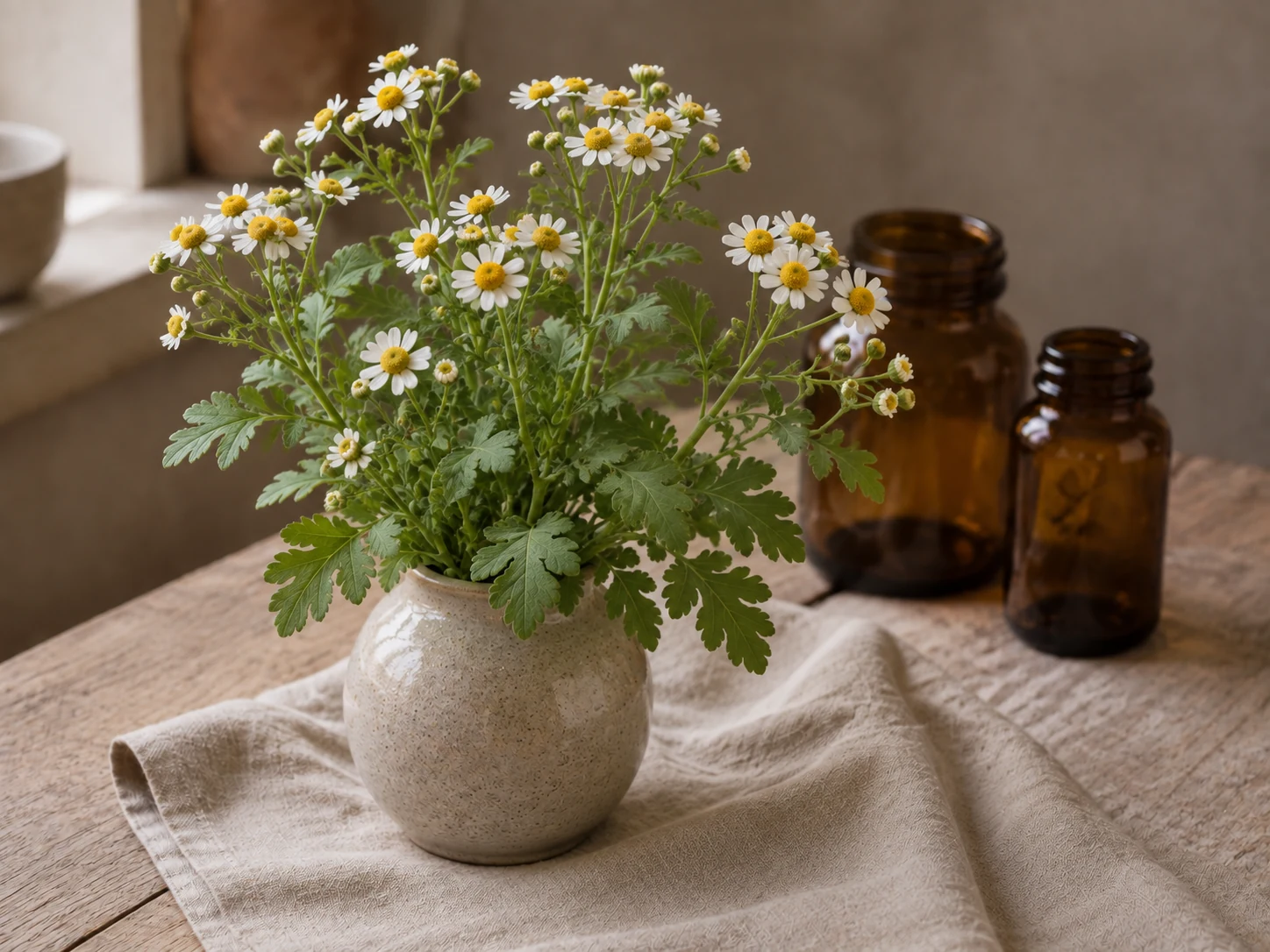 Mattram med små vita blomkorgar, gula mittskivor och breda flikiga gröna blad i ljus keramik på trä och linne i varmt fönsterljus.