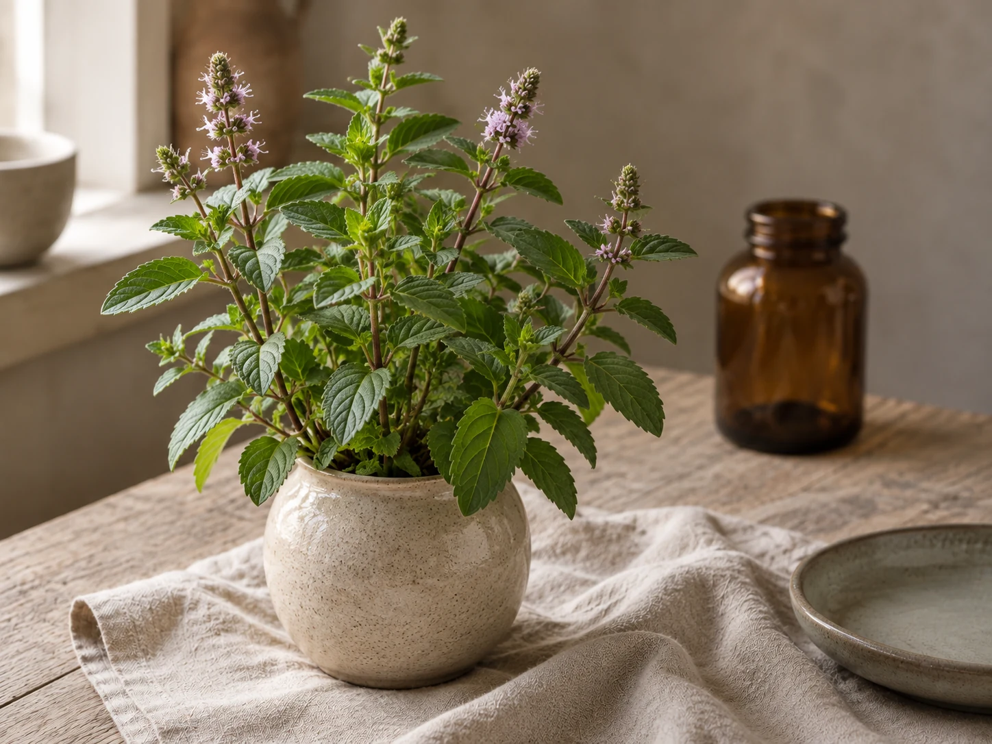 Pepparmynta med motsatta sågade blad, rödaktiga stjälkar och små lila blomax i en ljus keramikkruka, i varmt fönsterljus på linne och trä.