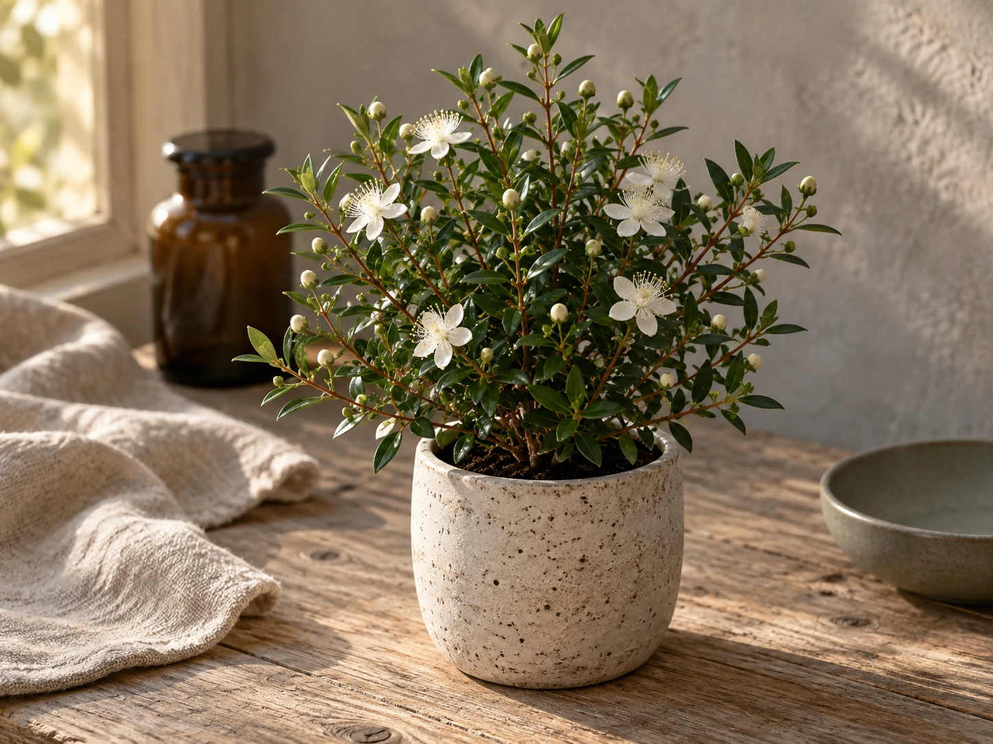 AI-genererad illustration av Myrten (Myrtus communis L.) i Växttraditions bildmiljö.