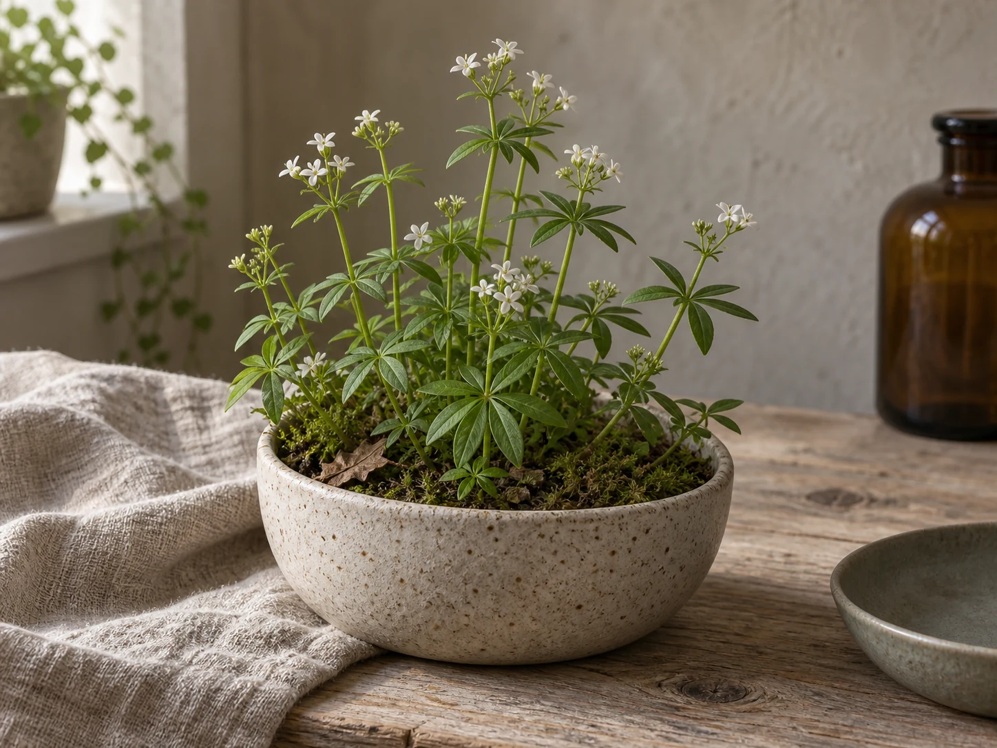 AI-genererad illustration av Myskmadra (Galium odoratum (L.) Scop.) i Växttraditions bildmiljö.