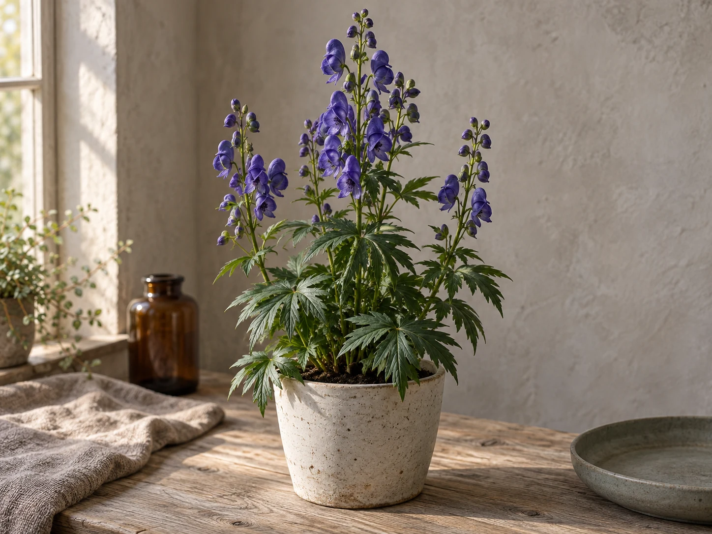 AI-genererad illustration av Nordisk stormhatt (Aconitum septentrionale Koelle) i Växttraditions bildmiljö.