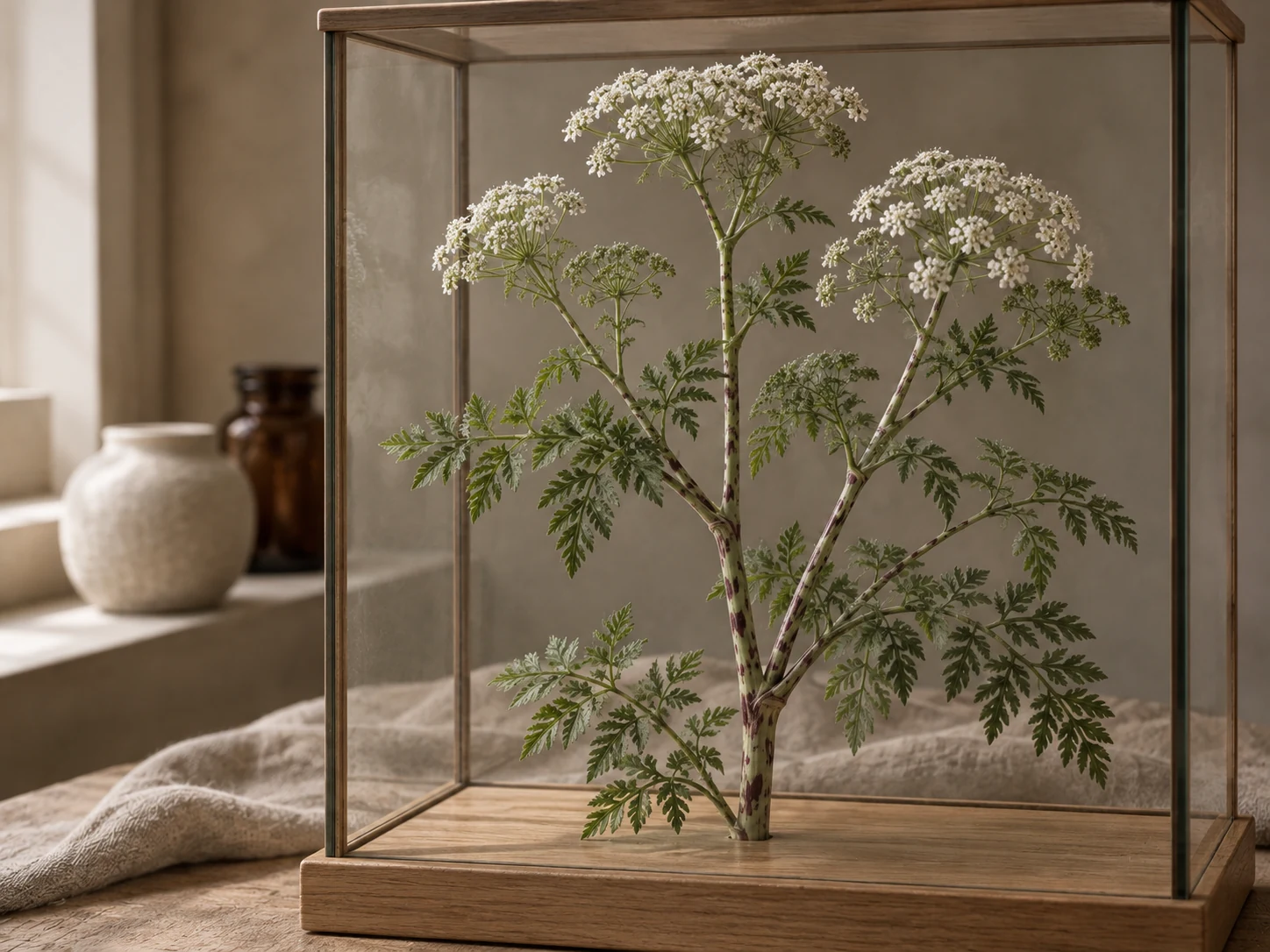 Odört med vita blomflockar, finfördelade blad och violettfläckiga stjälkar i en glasmonter, i varmt fönsterljus på trä och linne.