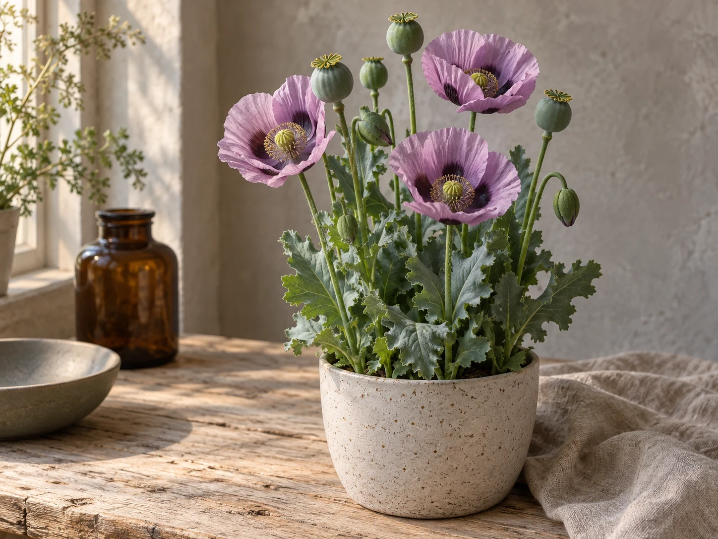 AI-genererad illustration av Opievallmo (Papaver somniferum L.) i Växttraditions bildmiljö.