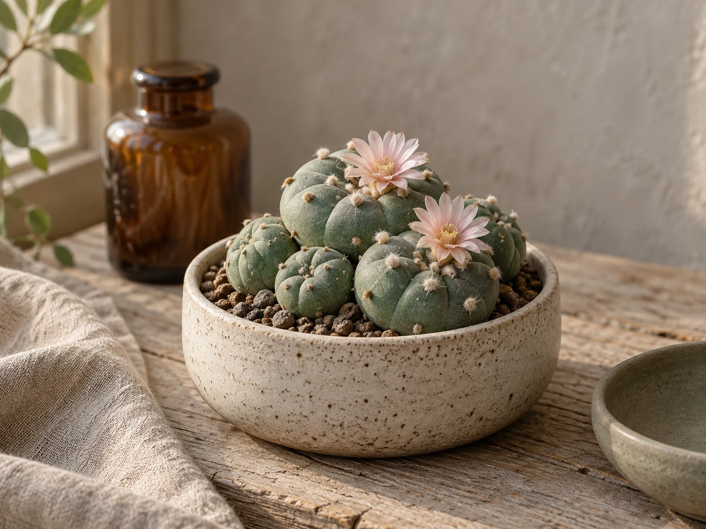 AI-genererad illustration av Peyote (Lophophora williamsii (Lem. ex Salm-Dyck) J.M.Coult.) i Växttraditions bildmiljö.