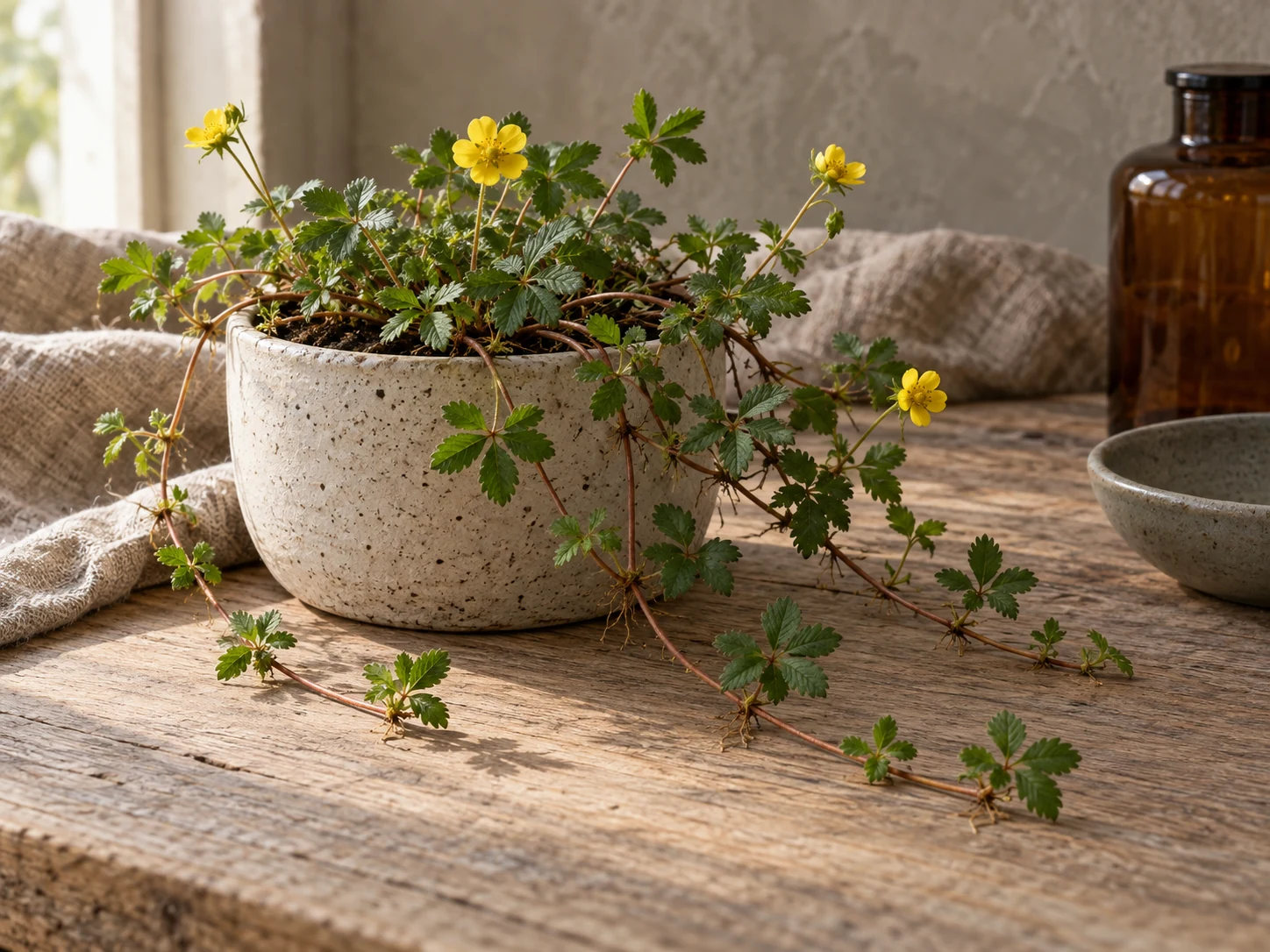 AI-genererad illustration av Revfingerört (Potentilla reptans L.) i Växttraditions bildmiljö.
