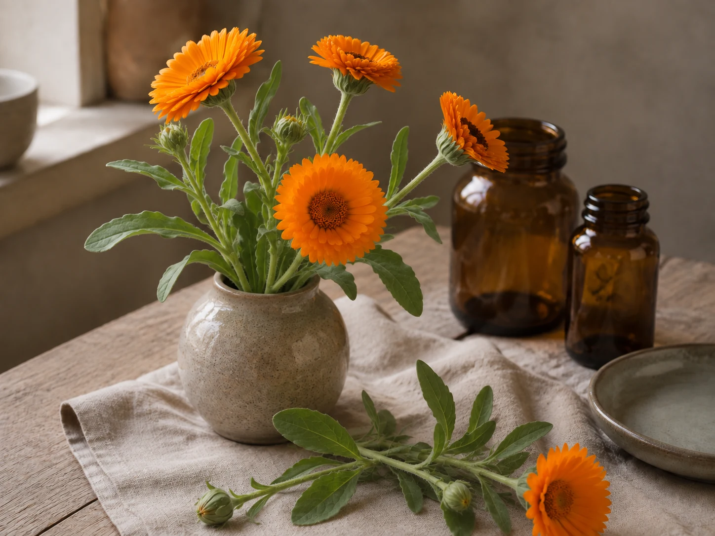 AI-genererat stilleben med orange ringblommor, keramik och bärnstensfärgat glas på ett träbord med linne.
