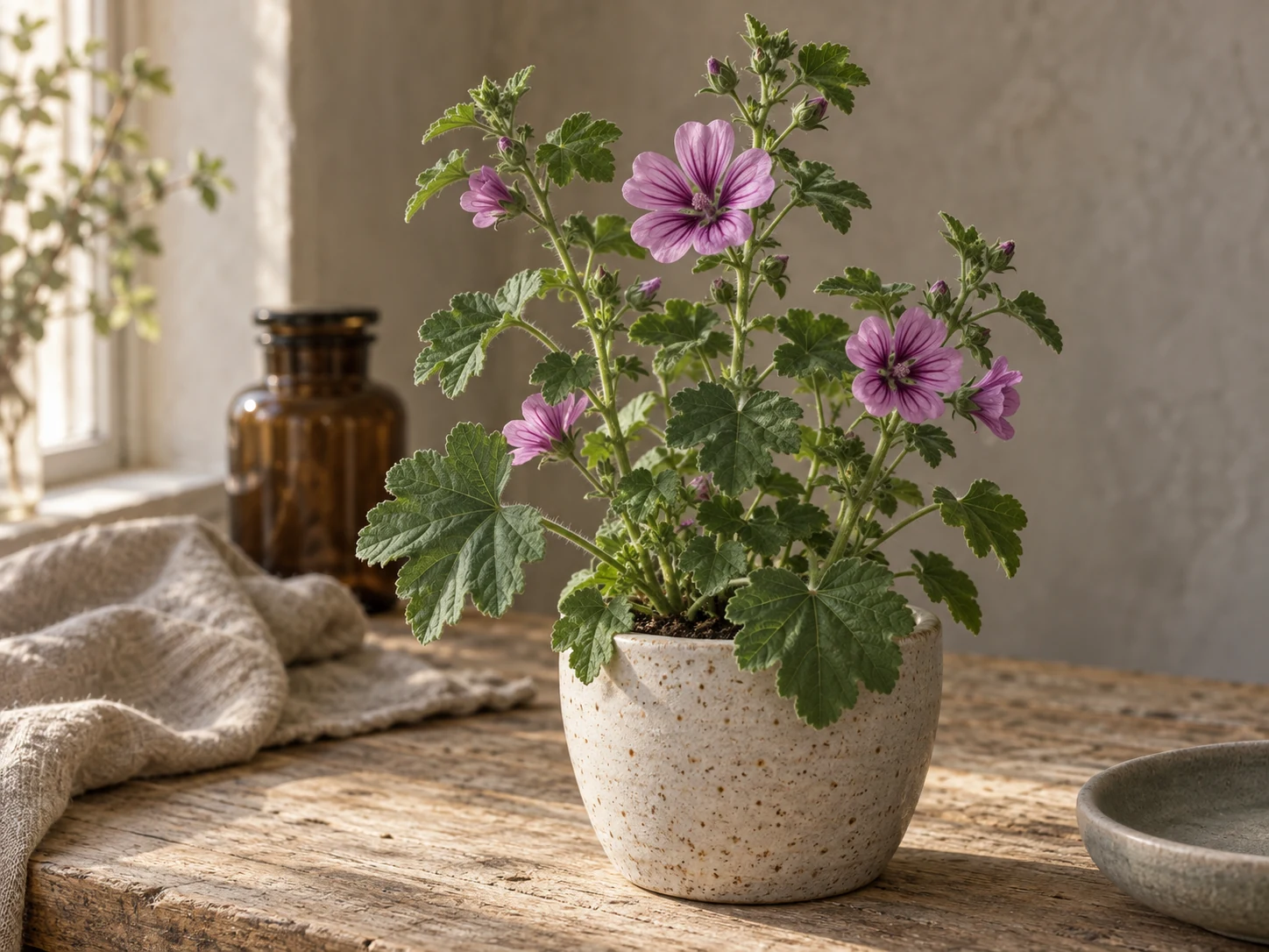 AI-genererad illustration av Rödmalva (Malva sylvestris L.) i Växttraditions bildmiljö.