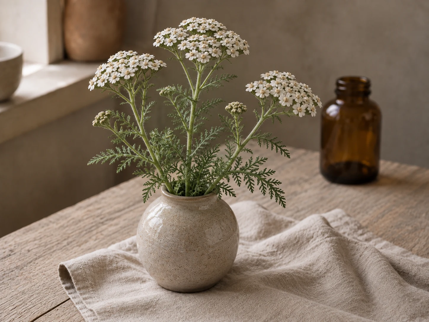 Rölleka med små vita blomkorgar i täta samlingar och finflikiga gröna blad i en ljus keramisk vas på linne och trä i varmt fönsterljus.