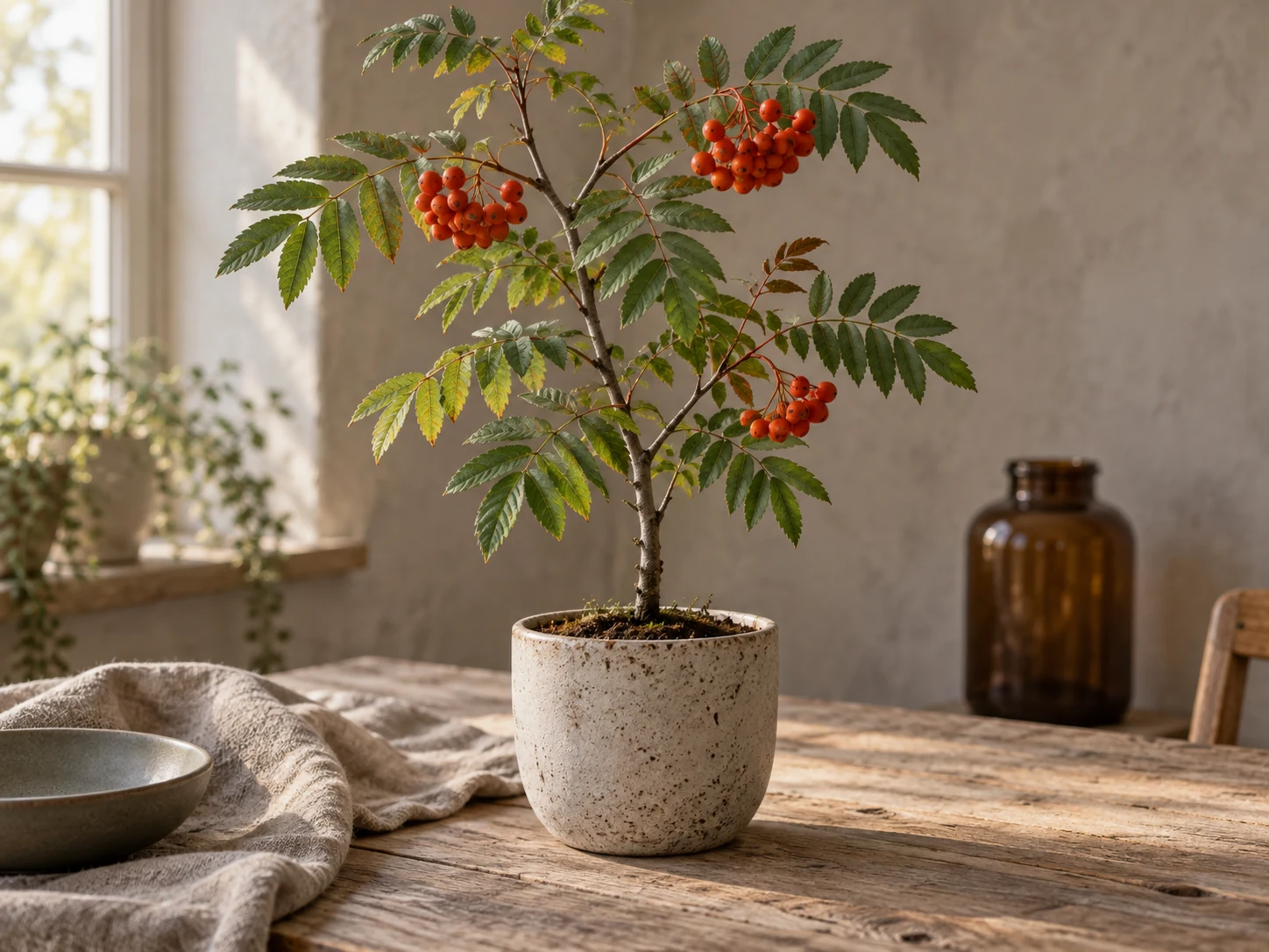 AI-genererad illustration av Rönn (Sorbus aucuparia L.) i Växttraditions bildmiljö.