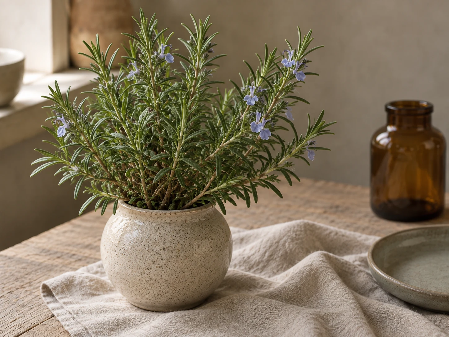 Rosmarin med smala gröna blad, ljusa bladundersidor och små blåvioletta blommor i en ljus keramikkruka, i varmt fönsterljus på linne och trä.