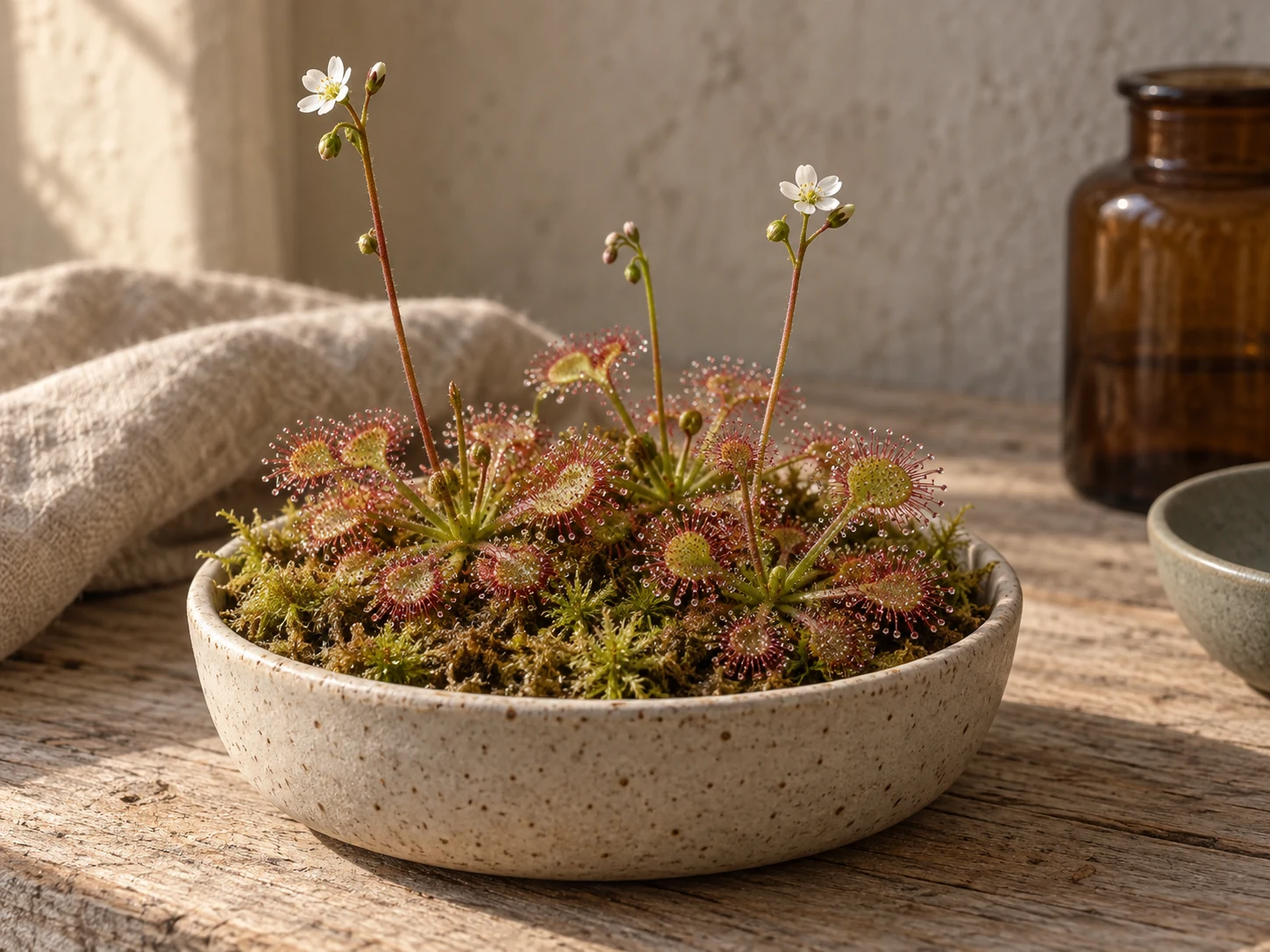 AI-genererad illustration av Rundsileshår (Drosera rotundifolia L.) i Växttraditions bildmiljö.