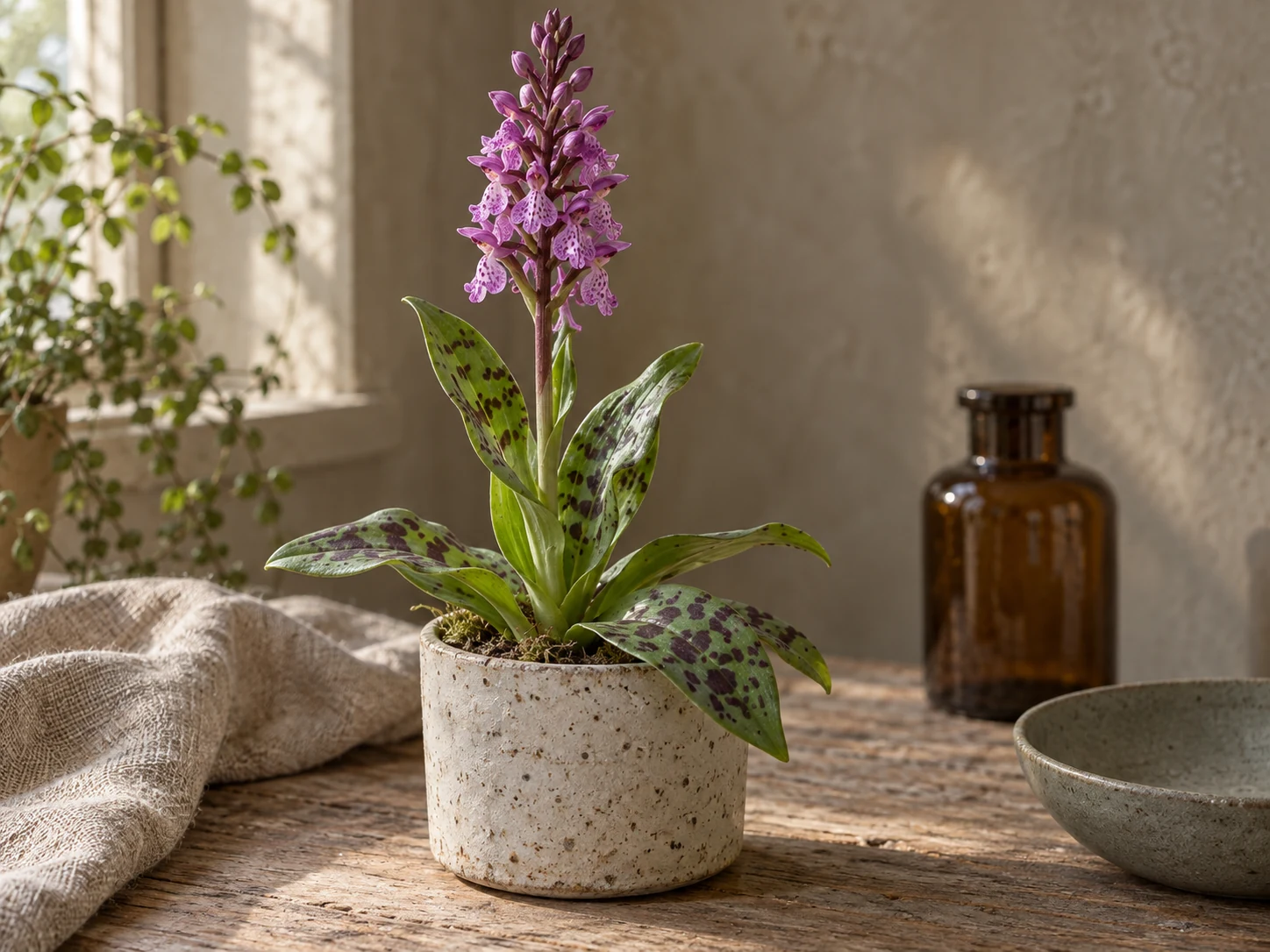 AI-genererad illustration av Sankt Pers Nycklar (Orchis mascula (L.) L.) i Växttraditions bildmiljö.