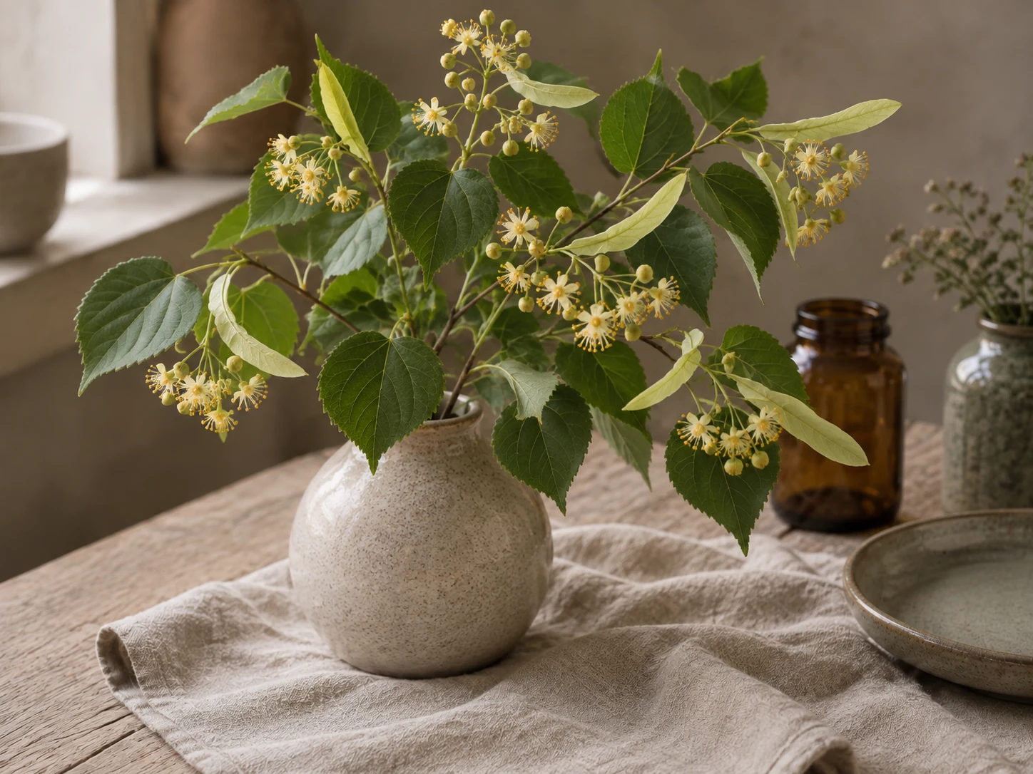 Blommande skogslindskvistar med hjärtformiga blad, smala ljusa stödblad och små gräddgula blommor i en keramisk vas, i varmt fönsterljus på linne och trä.