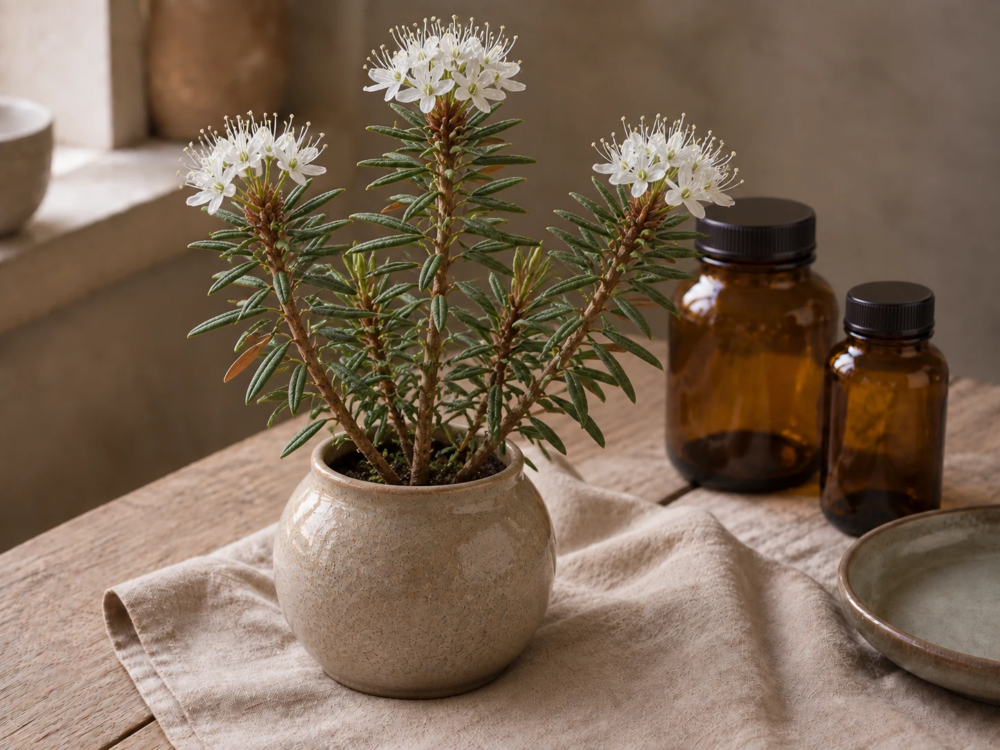 Skvattram med vita blommor, smala gröna blad och rostbruna bladundersidor i beige kruka på ett bord i varmt fönsterljus.