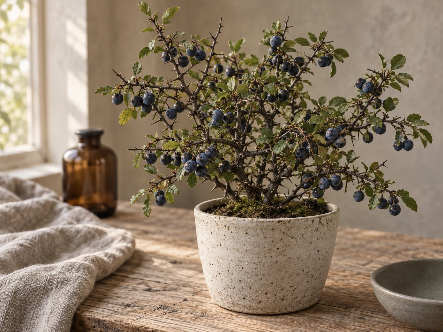 AI-genererad illustration av Slån (Prunus spinosa L.) i Växttraditions bildmiljö.