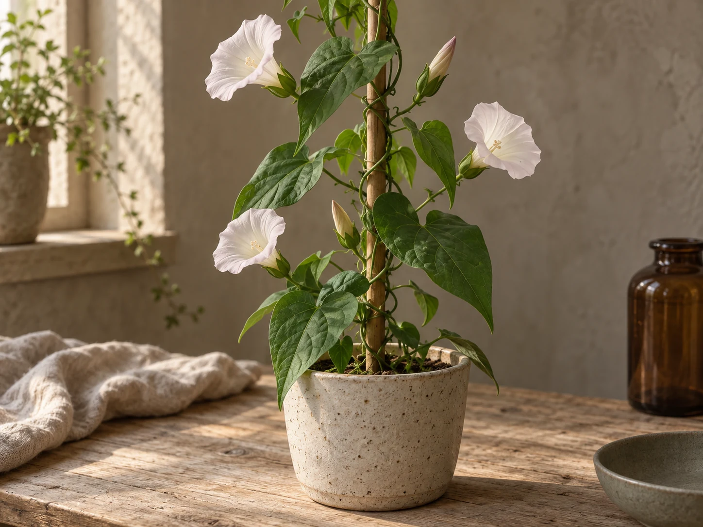 AI-genererad illustration av snårvinda (Convolvulus sepium L.) i Växttraditions bildmiljö.