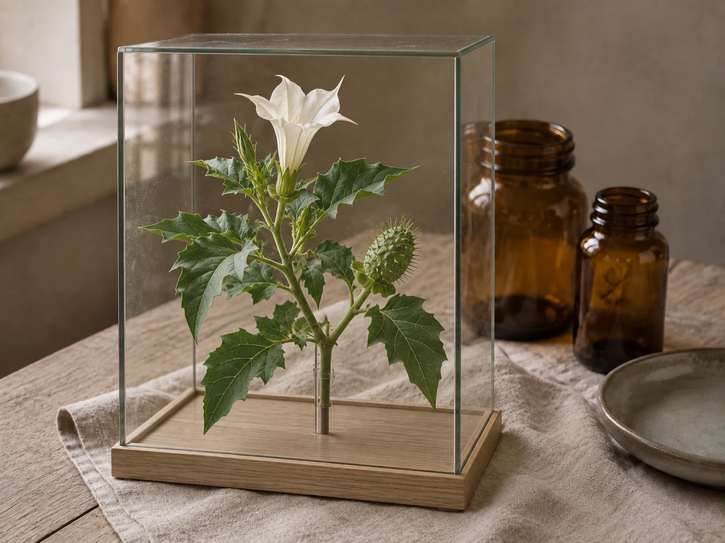 Spikklubba med vit trumpetformad blomma, tandade blad och taggig fruktkapsel i en glasmonter, i varmt fönsterljus på trä och linne.