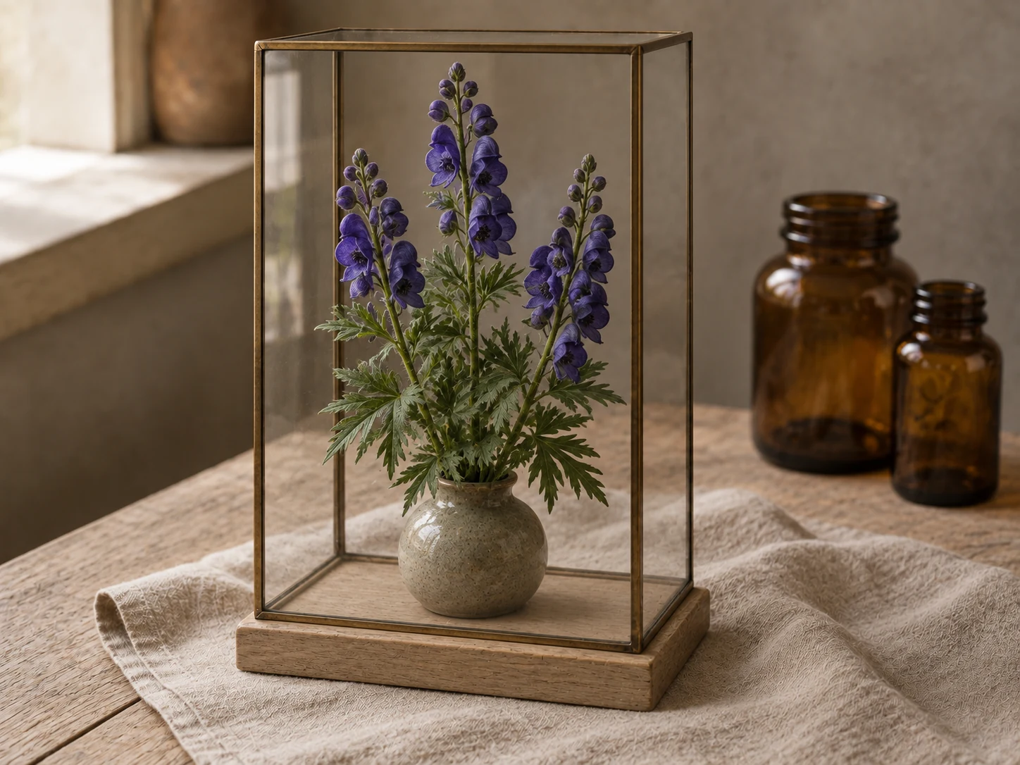 Stormhatt med mörkblå hjälmformade blommor och djupt delade gröna blad i en glasmonter, i varmt fönsterljus på trä och linne.