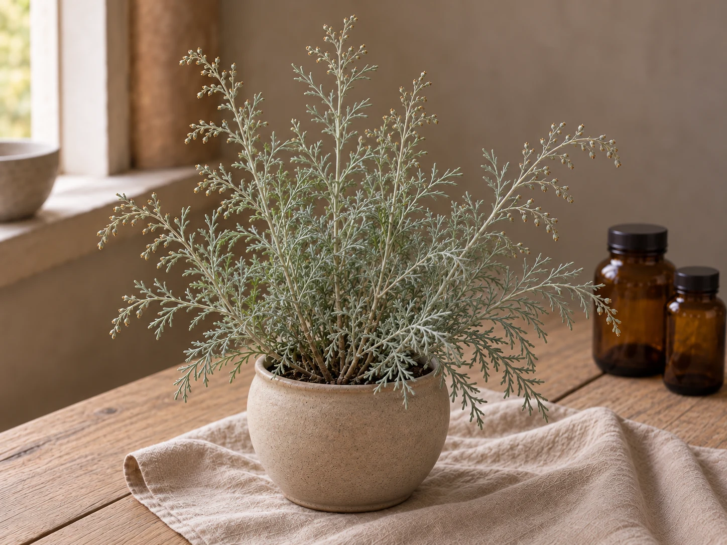 Strandmalört med silvergrå, smalflikiga blad och små gulbruna blomkorgar i beige kruka på ett bord i varmt fönsterljus.