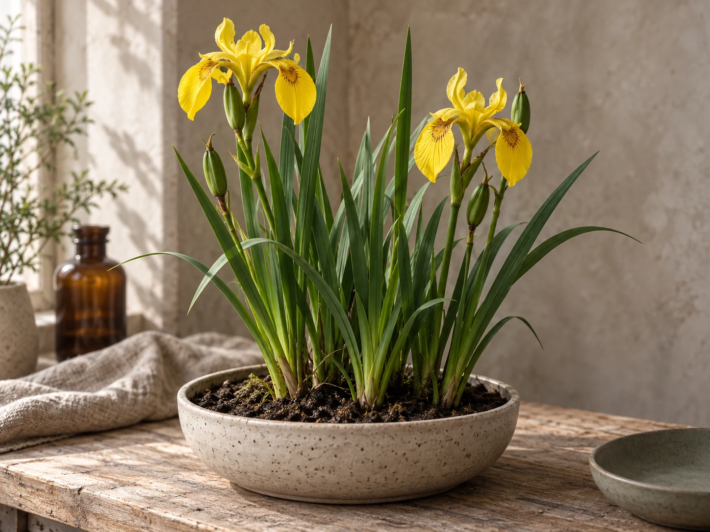 AI-genererad illustration av Svärdslilja (Iris pseudacorus L.) i Växttraditions bildmiljö.