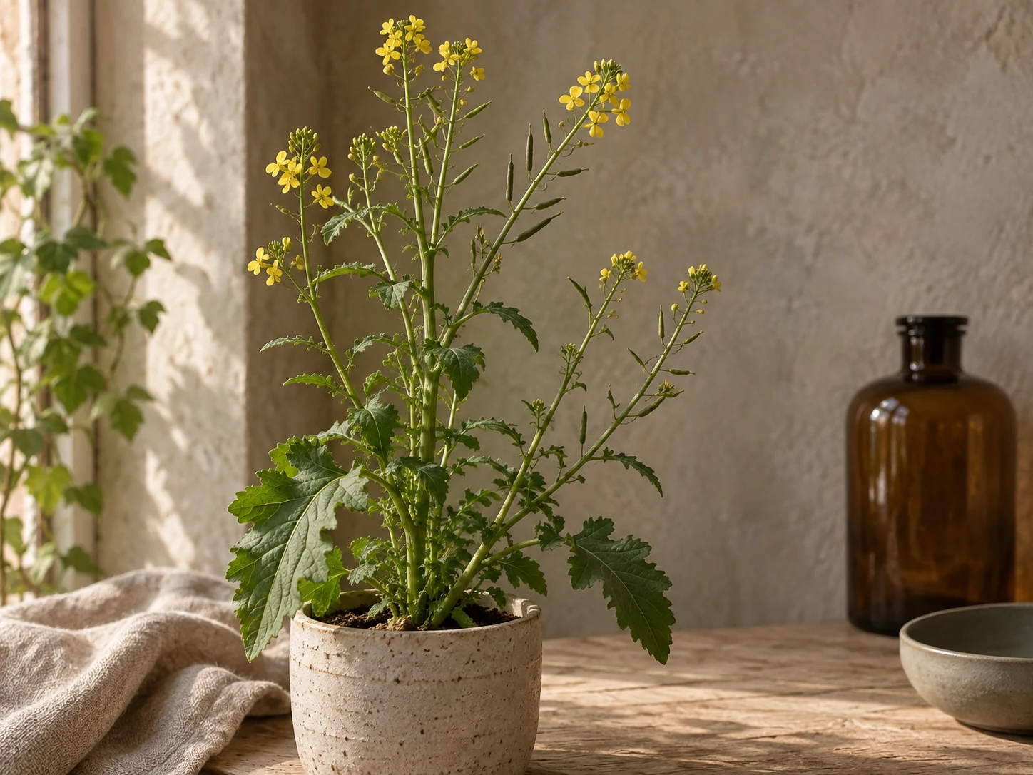 AI-genererad illustration av svartsenap (Mutarda nigra, synonym Brassica nigra) i Växttraditions bildmiljö.