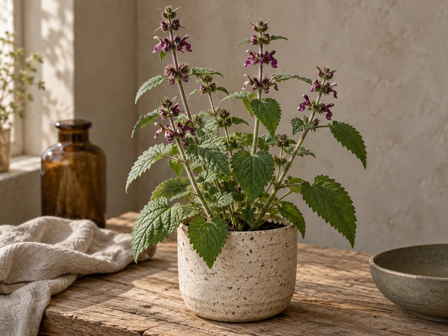 AI-genererad illustration av Syska (Stachys sylvatica L.) i Växttraditions bildmiljö.