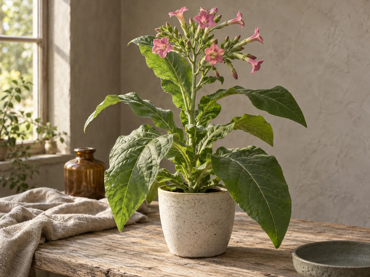 AI-genererad illustration av Tobak (Nicotiana tabacum L.) i Växttraditions bildmiljö.