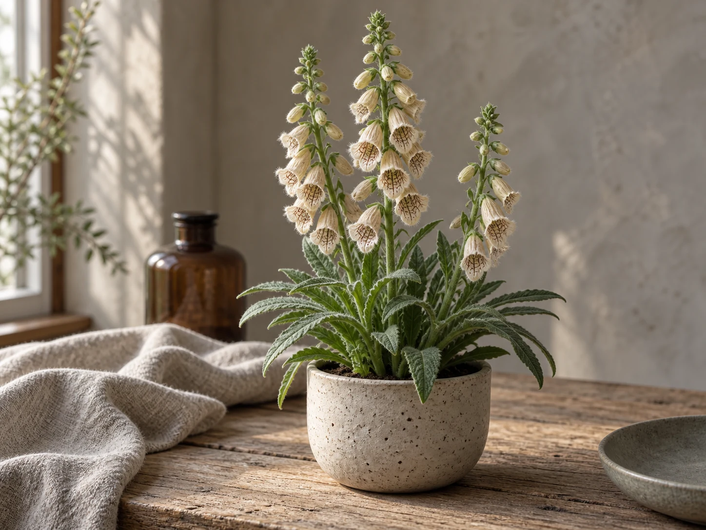 AI-genererad illustration av Ullig fingerborgsblomma (Digitalis lanata Ehrh.) i Växttraditions bildmiljö.