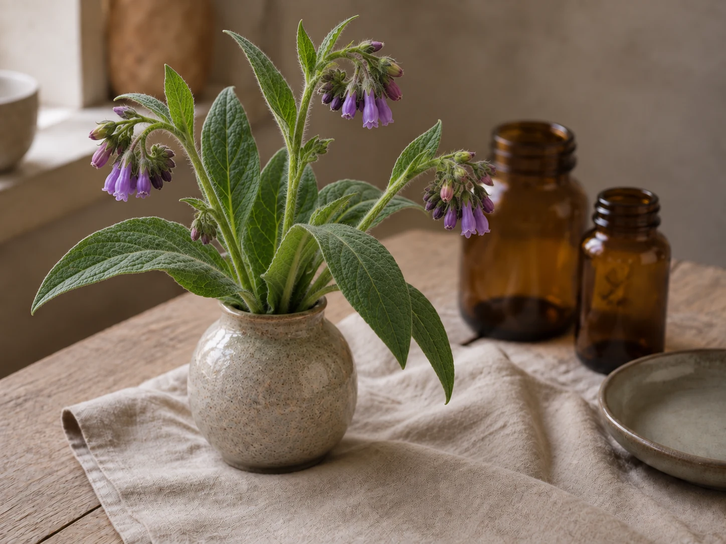 Vallört med sträva gröna blad och hängande små lila rörblommor i en keramikvas, på linne och trä i mjukt fönsterljus.
